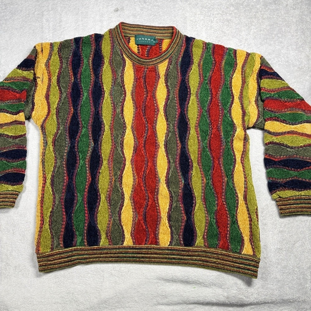 Tundra Canada 3D Knit Sweater Mens Large Multi Color Vertical Stripe‎ Vintage